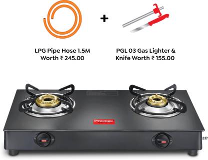 Prestige Atlas Plus Toughened Glass top with Lighter Knife and Hose Pipe Glass Manual Gas Stove  (2 Burners)