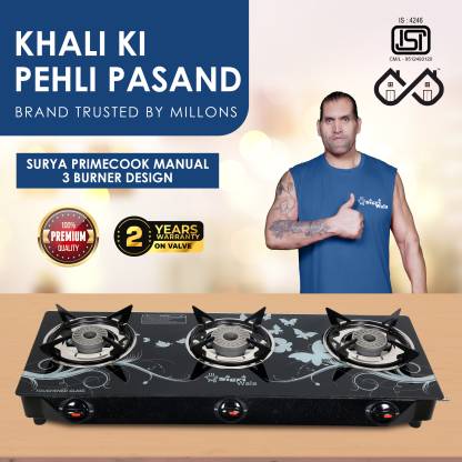 Sigri-wala Surya Primecook Manual Cute Design Toughened Glass Gas Stove Stainless Steel Manual Gas Stove  (3 Burners)