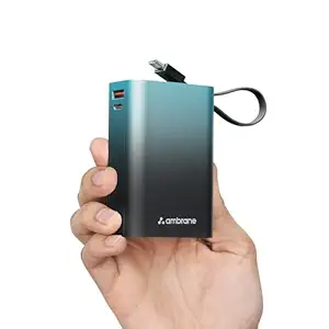 Ambrane 20000mAh Small Pocket Size Powerbank, Hanging InBuilt Type C Cable, 22.5W Fast Charging, Type C PD & USB Output for iPhone, Android Mobiles & Other Devices (MiniCharge 20, Black-Blue)
