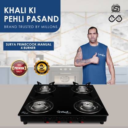 Sigri-wala Surya Primecook Manual DLX Glass Manual Gas Stove  (4 Burners)