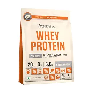 Trunativ Pro Blend Whey Protein | Kesar Badam | 26g Protein & 6g BCAA per Serving | Grass-Fed Isolate & Concentrate| Lab Tested for Purity & Accuracy | No Added Sugar | Supports Muscle Recovery & Strength | 907g (2lbs), Vegetarian