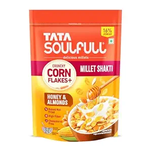 Tata Soulfull Corn Flakes+, Honey & Almonds, Crunchy Corn & Millets, Baked Not Fried, Cholesterol Free, High Fiber, Wholesome Breakfast Cereal, Quick & Easy, 170g