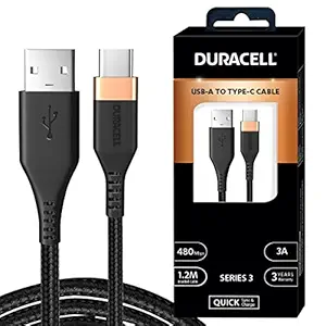 Duracell Usb-A To Type C, 65W Braided Sync & Fast Charging Cable, 3.9 Feet (1.2M), Qc 2.0/3.0 Ultra Fast Charging, For Samsung, Mi, Realme, Oppo, One Plus, Seamless Data Transmission, Series 3, Black