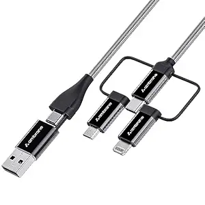 Ambrane 6-in-1 60W Fast Charging Cable with Micro, Type C & iPhone Support, Compatible with all devices, PD Technology, Data Transmission, Unbreakable Braided, Tangle Free 1.5m(Hexa15, Black)