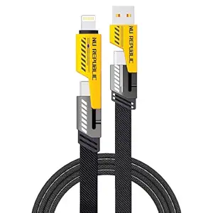 Nu Republic Blaze Fusion-Q 100W 4-in-one 1.2 m USB-A to Type-C to Type-C + Type-L Metal Connector Fast Data Charging Carbon Texture Braided Cable (Black & Yellow, One Cable)