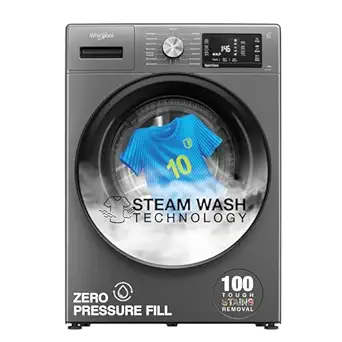 Whirlpool 8 Kg 5 Star Inverter Front Load Fully Automatic Washing Machine with In-Built Heater (XS8014BYM52E, MidNight Grey, Steam Technology, 100+ Tough Stains, 6th Sense Soft Move, 2024 Model)