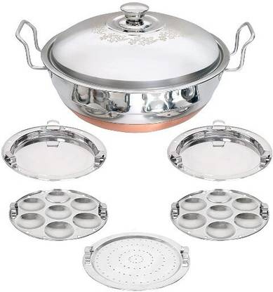 WAYMORE Stainless Steel Idli Cooker Multi Kadai Steamer with Copper Bottom All-in-One Big Size 5 Plate 2 Idli | 2 Dhokla | 1 Patra | Momo's | 28.5 cm Dia) (Copper Bottom) Standard Idli Maker  (5 Plates , 14 Idlis )