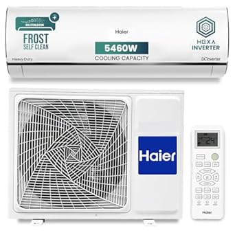 Haier 1.6 Ton 5 Star HEXA Inverter Split AC (5460W, Copper, Heavy Duty, 4 way Swing, Frost Self Clean, 7 in 1, HD Filter, Cools at 60°C, 20 Mtr. Air Throw - HSU19K-PYSC5BN-INV, White)