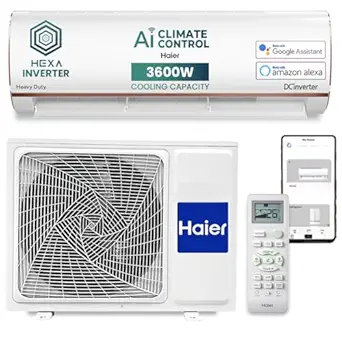 Haier 1 Ton 5 Star AI Climate Control Smart Split AC (3600W, Copper, Wi-Fi, Heavy Duty, 4 Way Swing, Frost Self Clean, HD Filter, Cools at 60°C, 20 Mtrs Air Throw - HSU14K-PYAIR5BN-INV, White)