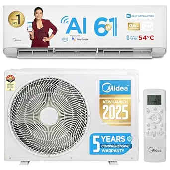 Midea 1.5 Ton 5 Star,5 Years Warranty*, 6-in-1 Convertible AI+ Wi-Fi Smart Inverter Split AC (Copper,Cooling at 54℃, KW Display,PM 2.5 Filter,4 Way Swing,Santis Pro-X RYL (Wi-Fi), MAI20SP5R35W0,White)