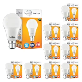 Wipro Garnet 9W LED Bulb for Home & Office |Cool Day White (6500K) | B22 Base|220 Degree Light Coverage |4Kv Surge Protection |400V High Voltage Protection |Energy Efficient | Pack of 10